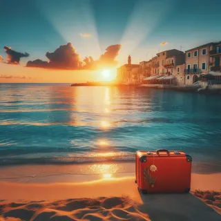 Фотография заката в Sunset Town с красным чемоданом на пляже, кинематографический стиль, без людей, лазурное море
