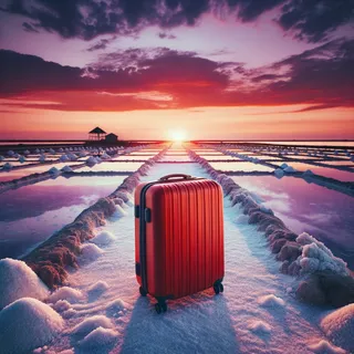 Соляная ферма на закате с красным чемоданом