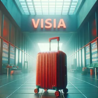 Кинематографическое изображение красного туристического чемодана на колесиках возле визового центра