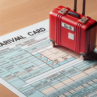Подробная инструкция по заполнению SG Arrival Card, без людей, красный туристический чемодан