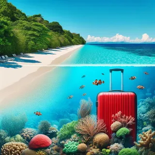 Пляж с белоснежным песком, лазурное море, коралловые рифы, подводный мир, красный чемодан