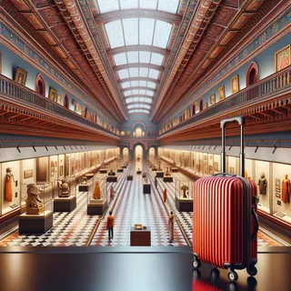 Изображение National Museum of India, опрятный зал с экспонатами и красным туристическим чемоданом на колесиках, реалистичный кинематографический стиль
