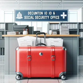 Изображение красного туристического чемодана на фоне офисной обстановки для подачи документов в пенсионный ПИО и Социально, без людей, в максимально реальном стиле