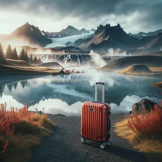 Фотография красного туристического чемодана на колесиках на фоне впечатляющего горного пейзажа с термальными источниками в кинематографическом стиле
