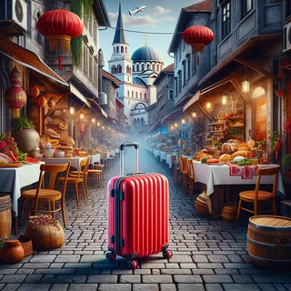 Изображение (не иллюстрация) только в очень реалистичном кинематографическом стиле. На изображении должен присутстовать красный туристический чемодан на колесиках. На изображении не должно быть людей.. Тема изображения: Кулинарные туры по Сербии: От традиционных блюд до современных ресторанов