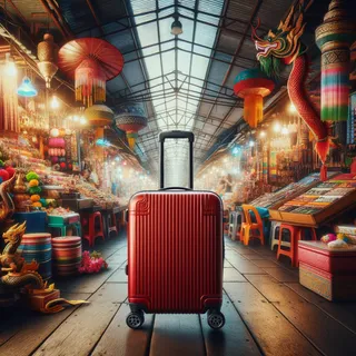 Реалистичное кинематографическое изображение красного туристического чемодана на колесиках, стоящего на фоне красочных рынков Бангкока, окруженного множеством ярких сувениров и традиционных товаров