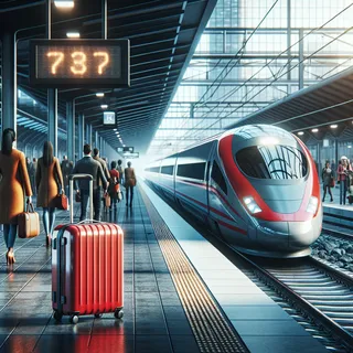 Железнодорожная станция, красный туристический чемодан на платформе, скоростной поезд