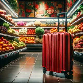 Красный туристический чемодан стоит перед полками с экзотическими фруктами в азиатском супермаркете, ярко освещенный